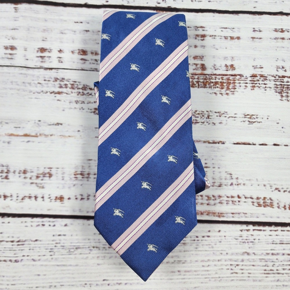 Burberry London Silk Tie Mens OS Blue Pink Nova Stripe Prancing Horse Logo Italy